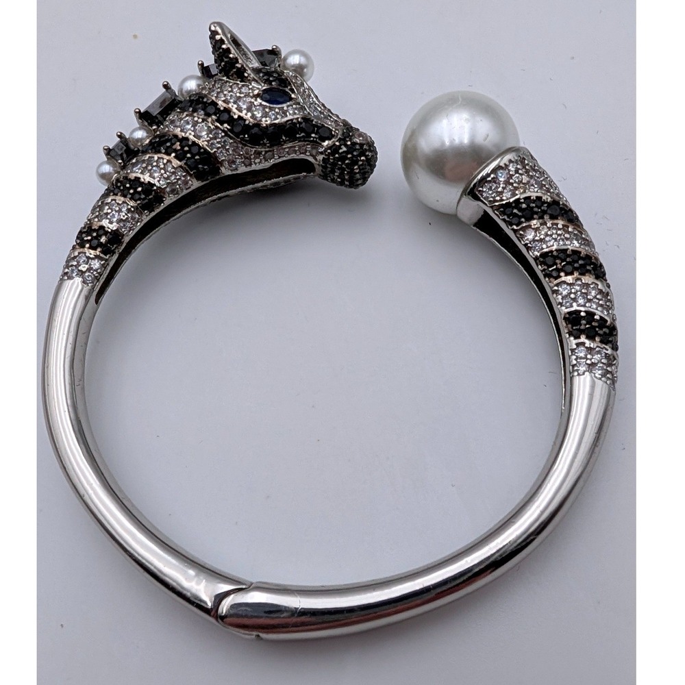 Kate Spade Zebra Hinged Cuff Bracelet Silver Tone Pave Crystal Faux Pearl Bypass - Picture 5 of 7